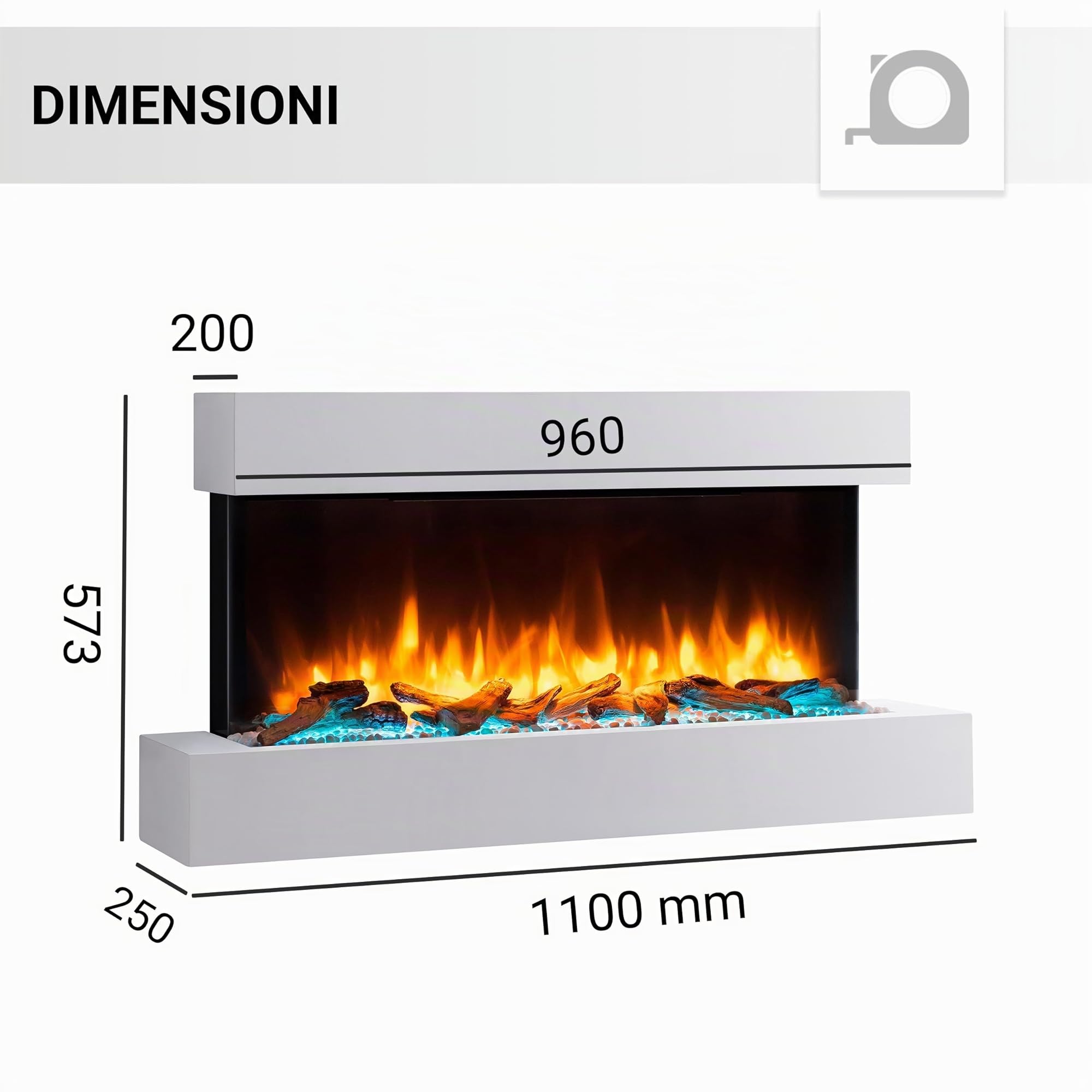 BALDERIA Camino Elettrico da Parete | Caminetto con Effetto Fiamma 3D | Riscaldamento 2000 W | Focolare Sospeso con Telecomando, Timer, Termostato | Bianco