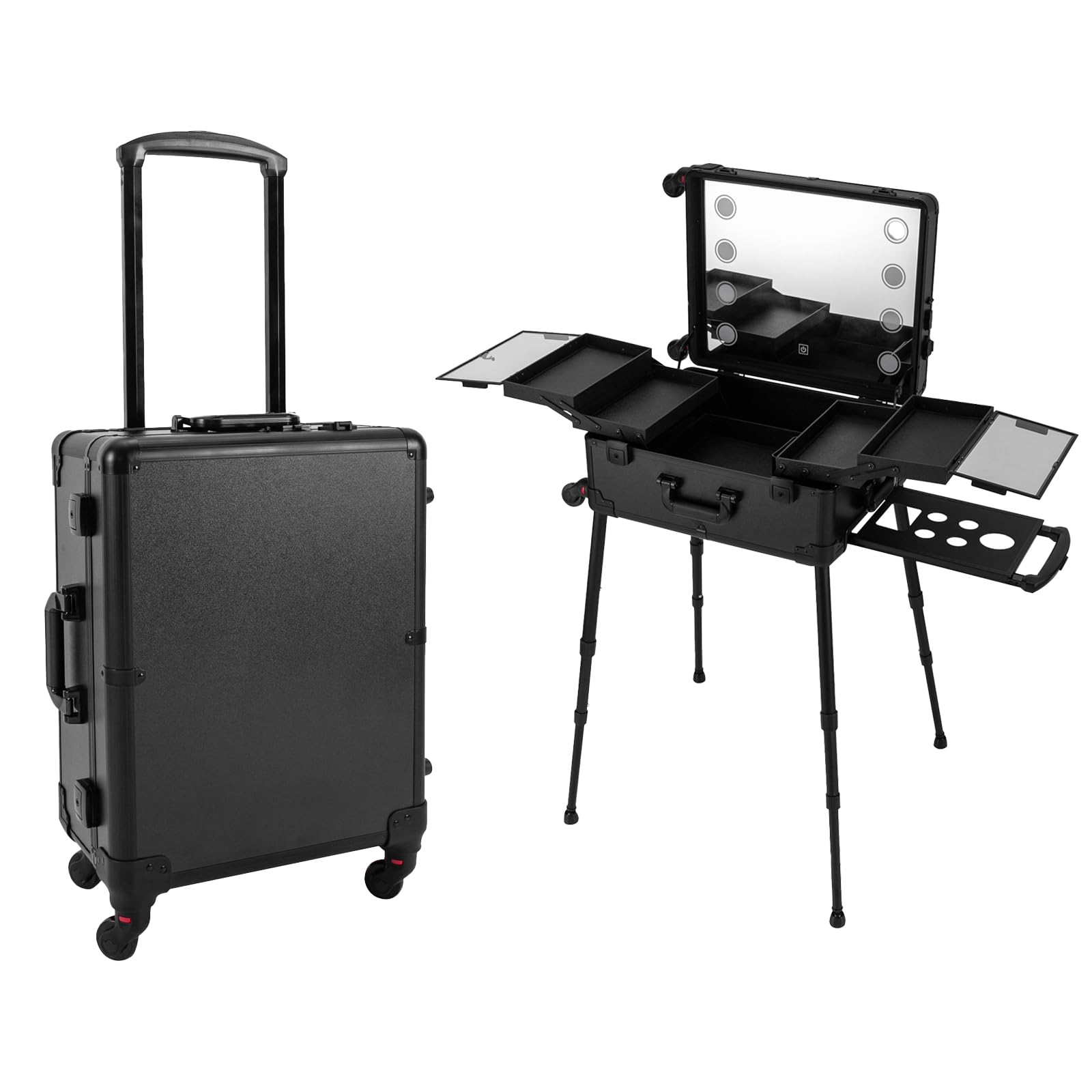 Maletín de maquillaje profesional con ruedas, multifuncional, maletín de maquillaje con espejo y luz LED, maletín de peluquería con cardán y patas ajustables, azul, 45*27*138cm, moderno