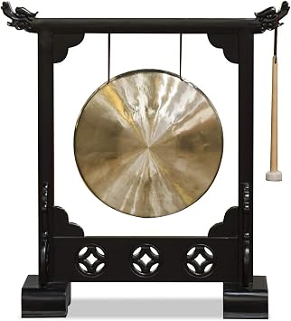 Brass Chinese Gong with Black Elmwood Dragon Frame