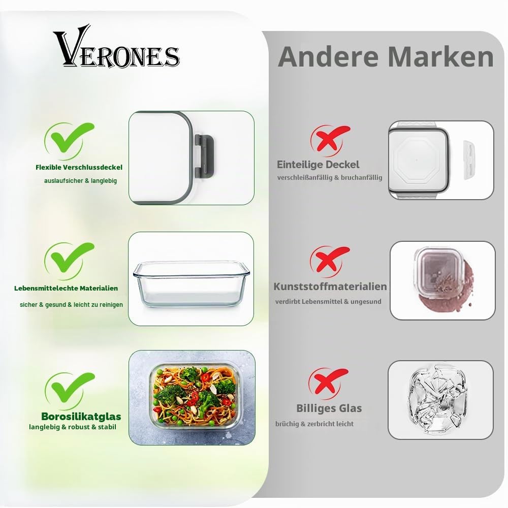 VERONES 12 Stück Glas Crisper Seet, Luftdichte Glas-Lunchboxen, Stapelbar Mit Deckel, Gefrier- und Spülmaschinenfest, Grau
