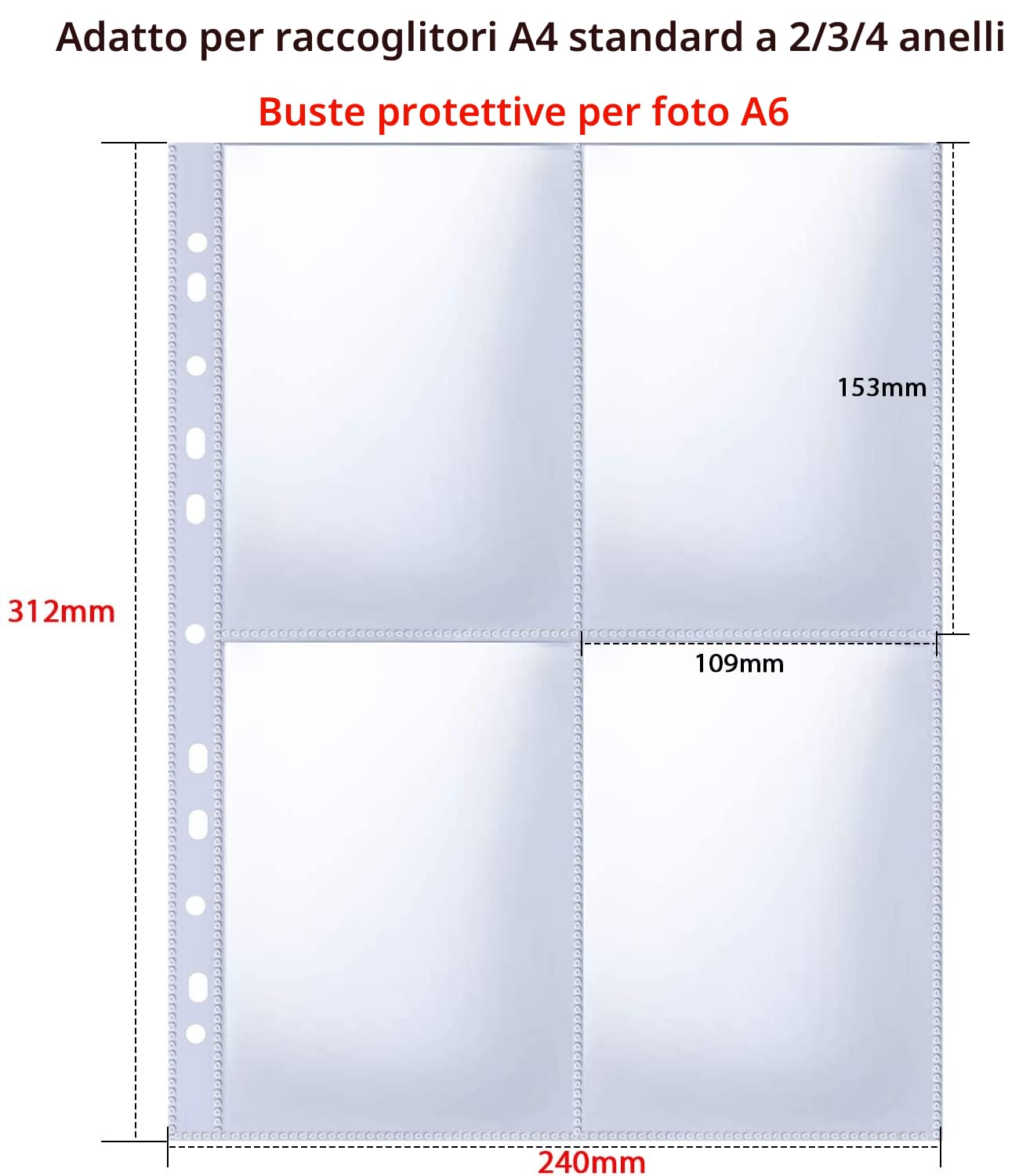 A4 Foto Maniche per Raccoglitore ad Anelli, Guaine Trasparenti per Cartoline, 4 Scomparti, Proteggi Pagine Fotografiche (109x153 mm), 240 Pezzi