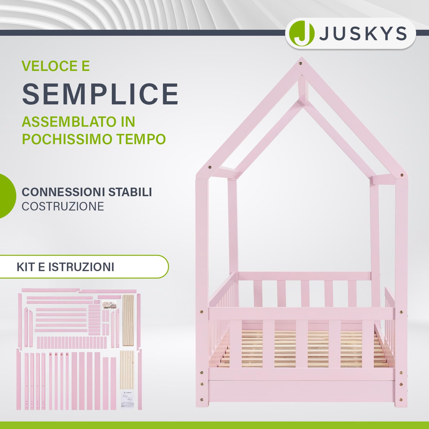 Juskys letto per bambini Marli 90 x 200 cm con barriera anticaduta, rete a doghe e tetto - Letto casetta in legno massiccio per bambini - Colore Rosa