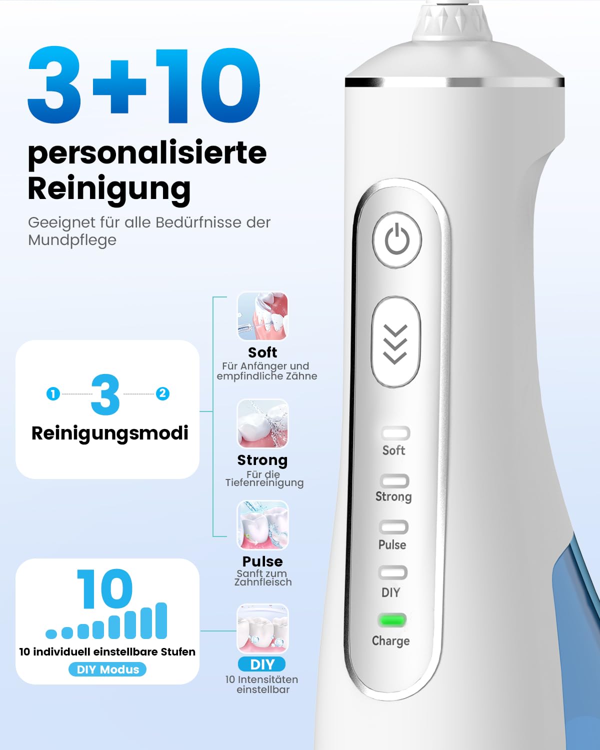 JTF Jet Dentaire Hydropulseur Oral - 300 ML Sans Fil Irrigateur, 3+1 Modes, Étanche IPX7 Water Flosser, Idéal pour Orthodontie, Appareil Dentaire, Gencives Sensibles Maison et Les Voyages(Blanc) - 3