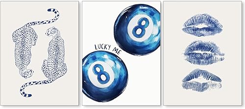 Arte de pared de guepardo de moda retro de 8 bolas, impresiones azules, labios de beso azul marino, juego de 3 coquetas, decoración de habitación,