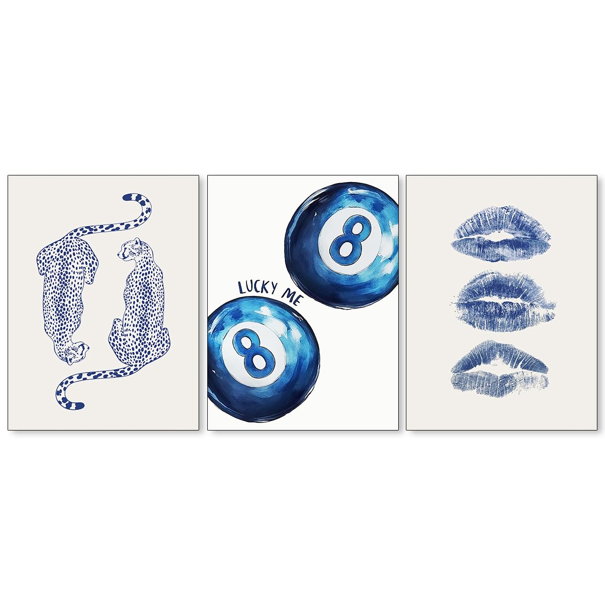PDFI Trendy Cheetah Wall Art Retro 8 Ball Poster Blue Prints Funky Navy Kiss Lips Set of 3 Coquette Room Decor Lucky Picture Preppy Aesthetic for
