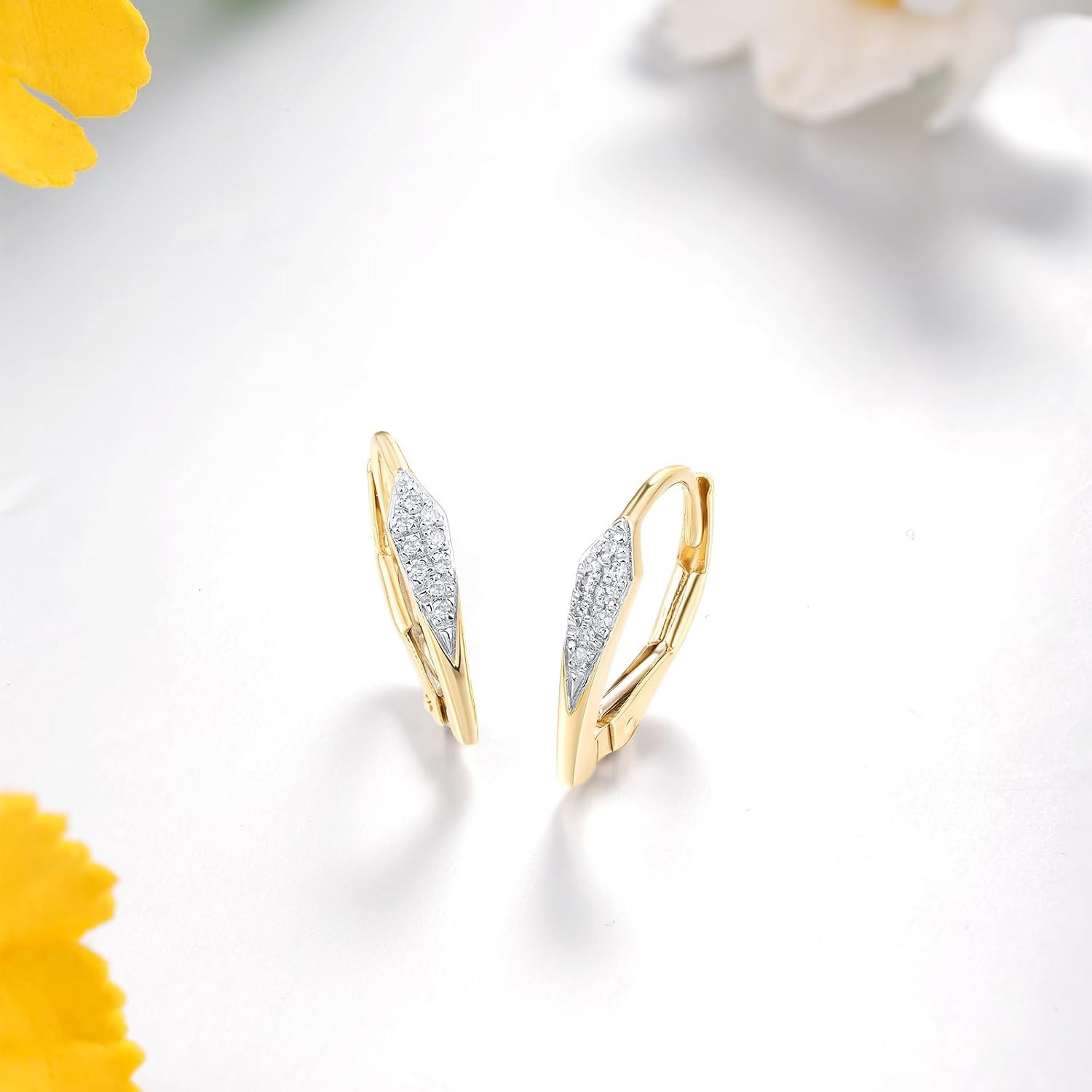 Santuzza 10K Yellow Solid Gold Rhombus Pattern Earrings Genuine Diamond Simple Lever Back Earrings for Women