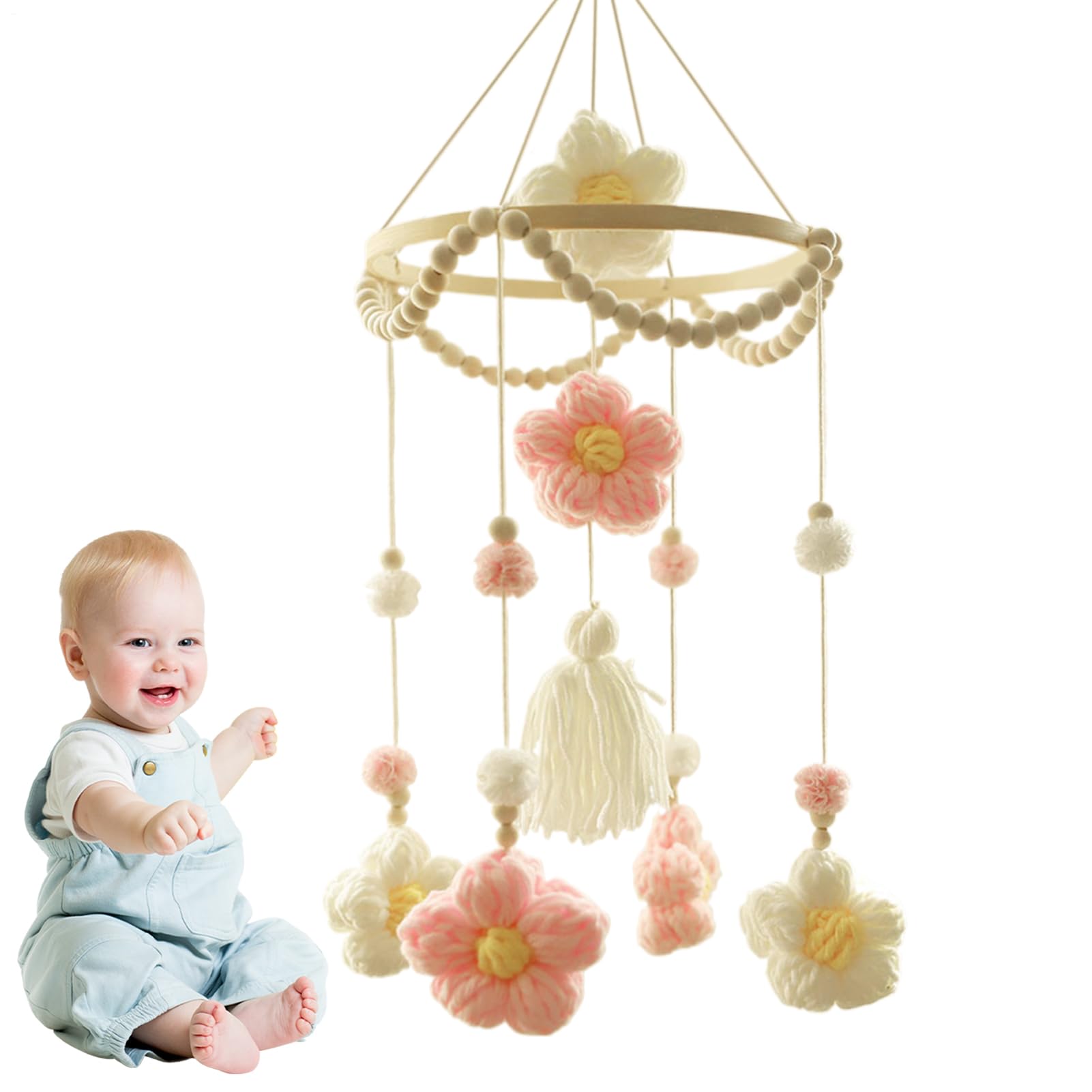 Crib Mobile - Woven Flowers Mobile for Crib,Boys Girls Soother Rotating Colorful Decoration for Wall Bassinet Home Bedroom Living Room Daycare