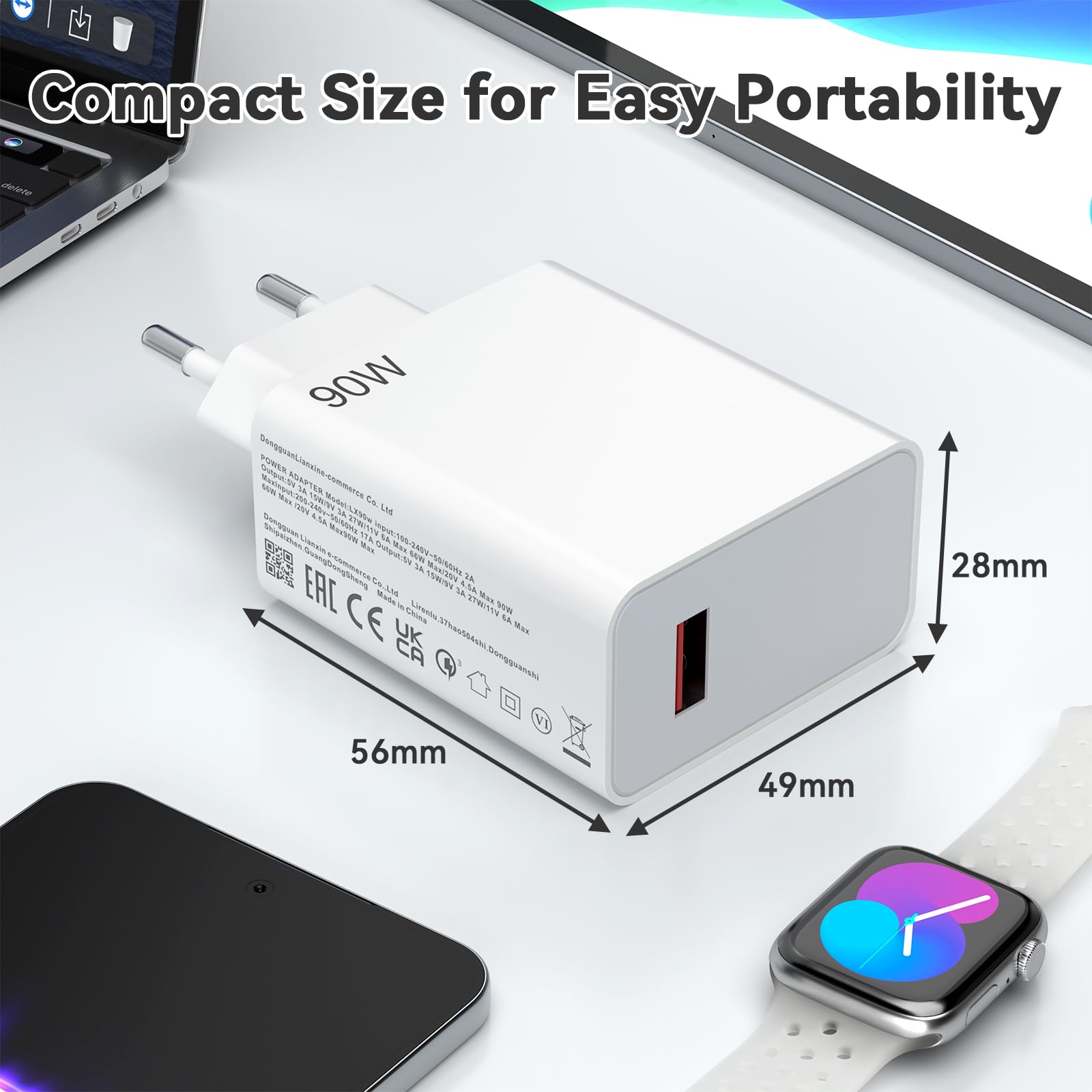 Caricabatterie USB-C GaN 90W Per Xiaomi 15 Ultra, 15T, Poco X7, F7 Pro – Ricarica Hyper/Turbo Con Cavo Da 1m, Sicuro E Veloce