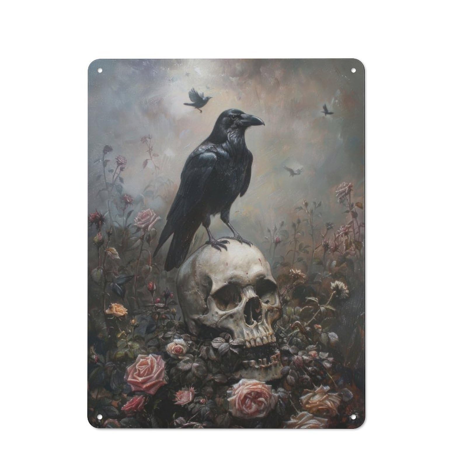 Junmoney Black Crow On Skull Retro Tin Sign 40X30cm For Garage Wall, For Fans Of Metal Signs And Themed Wall Decor