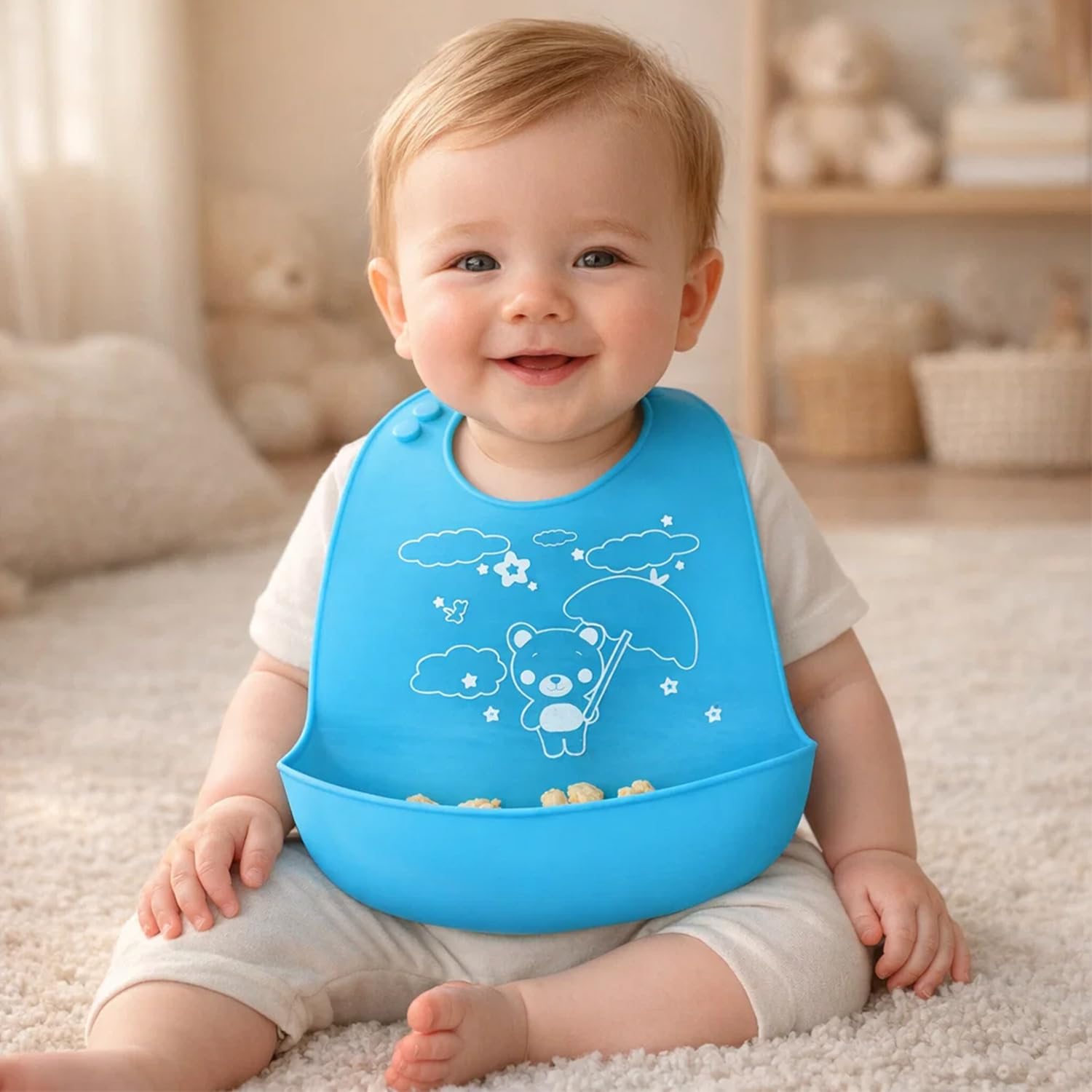 BabyGo Baby Silicone bib | Baby Bib for Feeding & Weaning Babies & Toddlers | Waterproof, Washable & Reusable|Non Messy Easy Cleaning, Adjustable Neckline with Buttons(Blue)-image-45