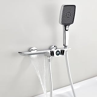 Badewannenarmatur Wasserfall mit Brause, Chrom Badewanne Armatur, Badewannenarmatur mit Handbrause, Temperaturanzeige Badewannen Mischbatterie