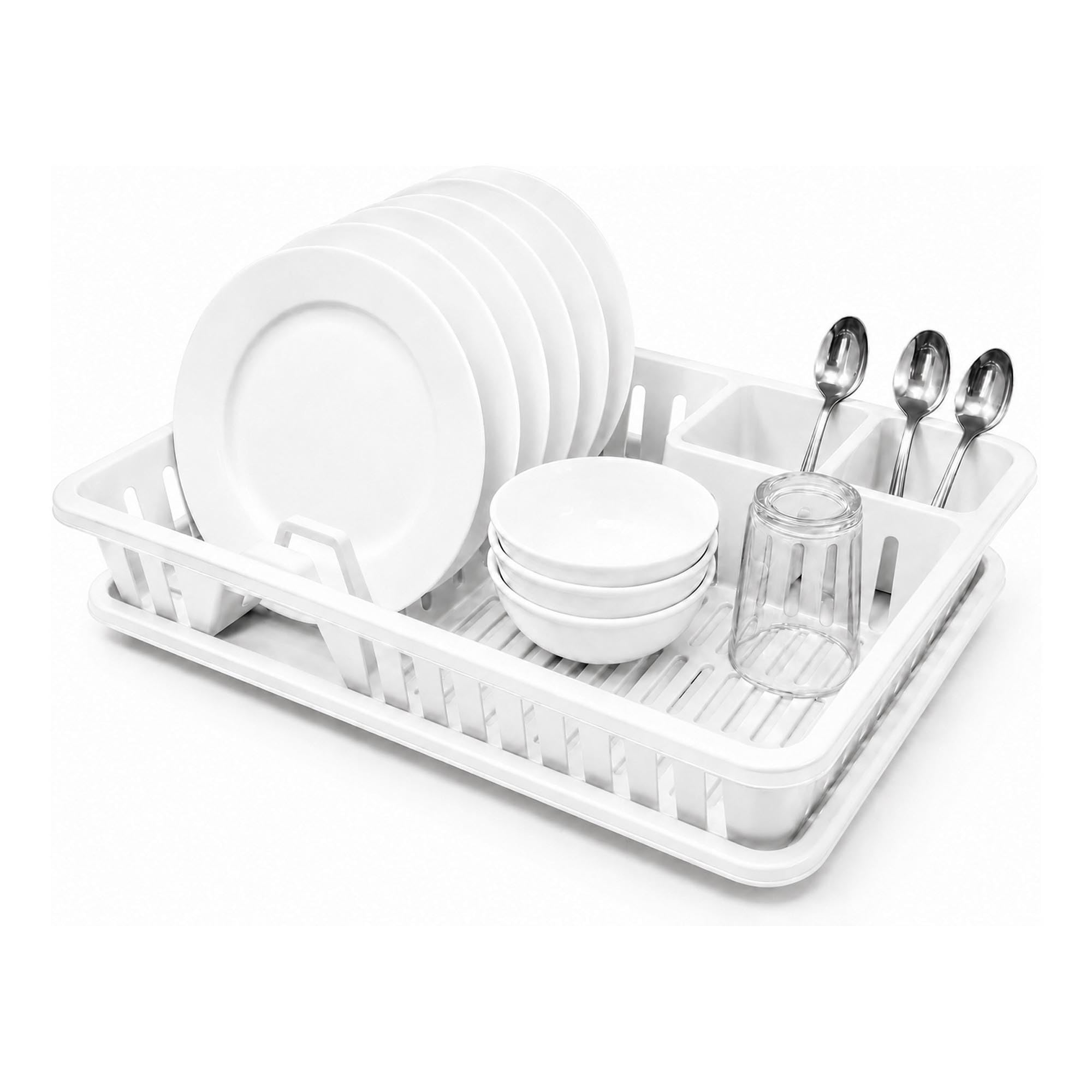 Plastific White Dish Drainer Rack With Drip Tray & Cutlery Holder For Plates & Cups