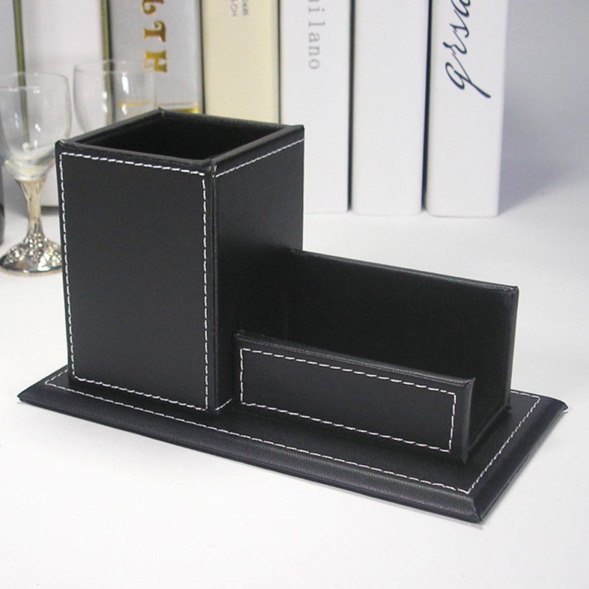 Portalápices de Cuero Sintético Negro Multifuncional Organizador de Escritorio y Soporte para Tarjetas de Negocios Expositor Compacto para Oficina y Materiales de Papelería