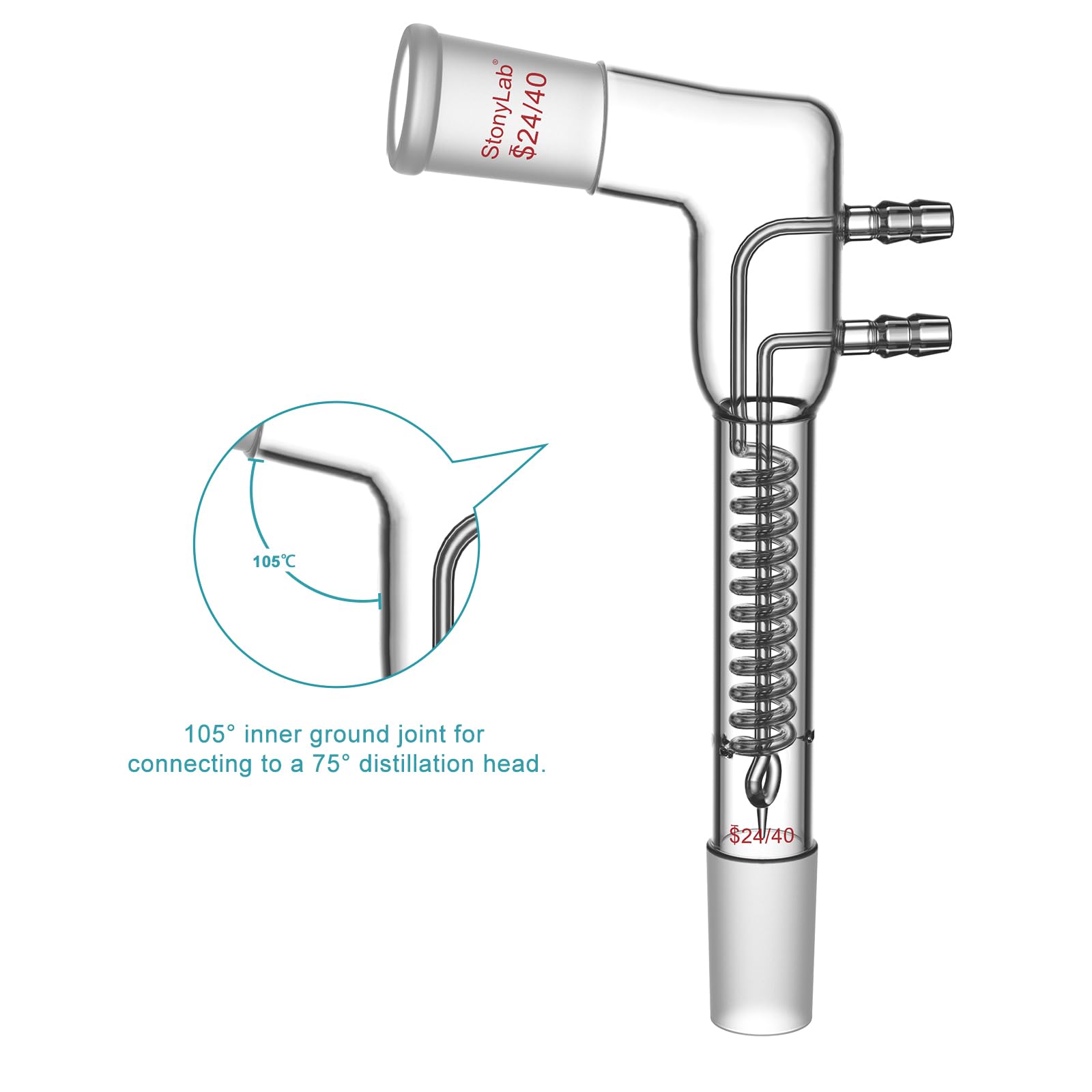 stonylab Condensador de Reflujo de Bobina, Condensador Dimroth de Vidrio Borosilicato Dobladado 105°, Juntas 24/40 y Sección de Bobina 100 mm, Tubo de Condensación para Experimentos de Destilación