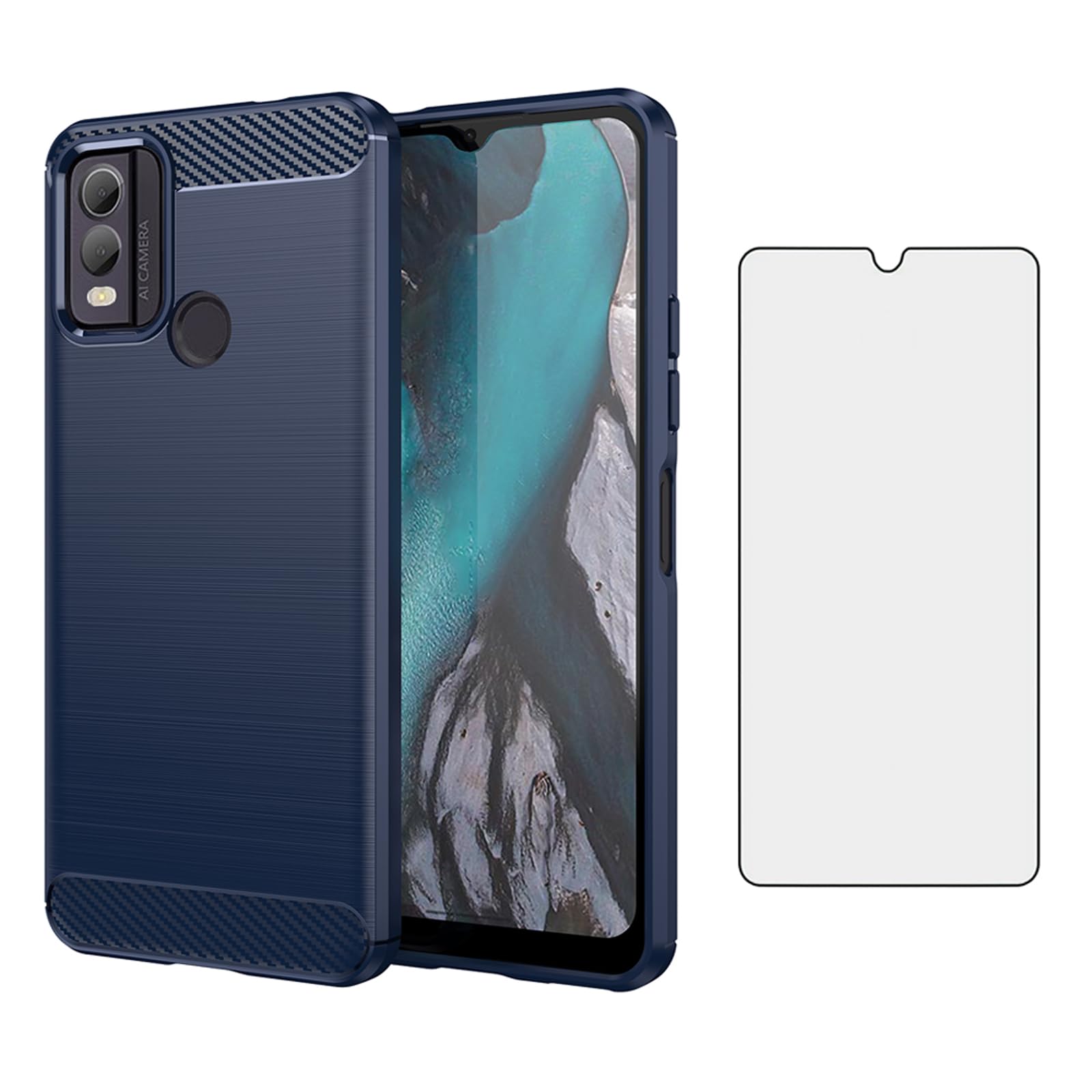 Asuwish Compatible with Nokia C22 Case and Tempered Glass Screen Protector with Shockproof Slim Silicone Wireless Charging Carbon Fiber Phone Cover for NokiaC22 C 22 Women Men Blue