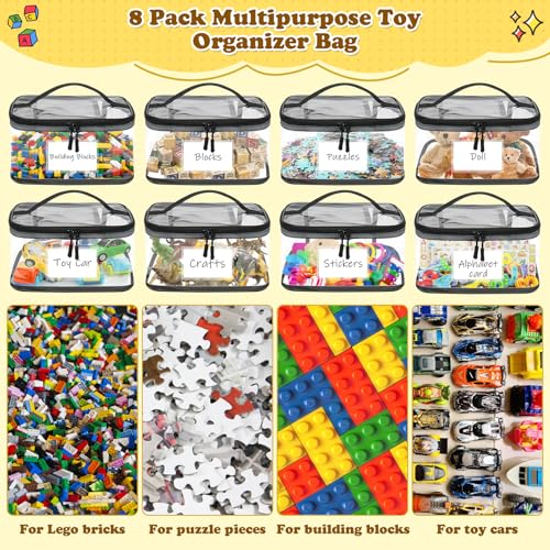 8 Stück Spielzeug-Aufbewahrungstaschen mit Namensetikett und Anleitung Beutel, Wasserdicht mit Reißverschluss & Netzfächern, Kuscheltier Aufbewahrung für Lego Bausteine, Badespielzeug, Puzzle
