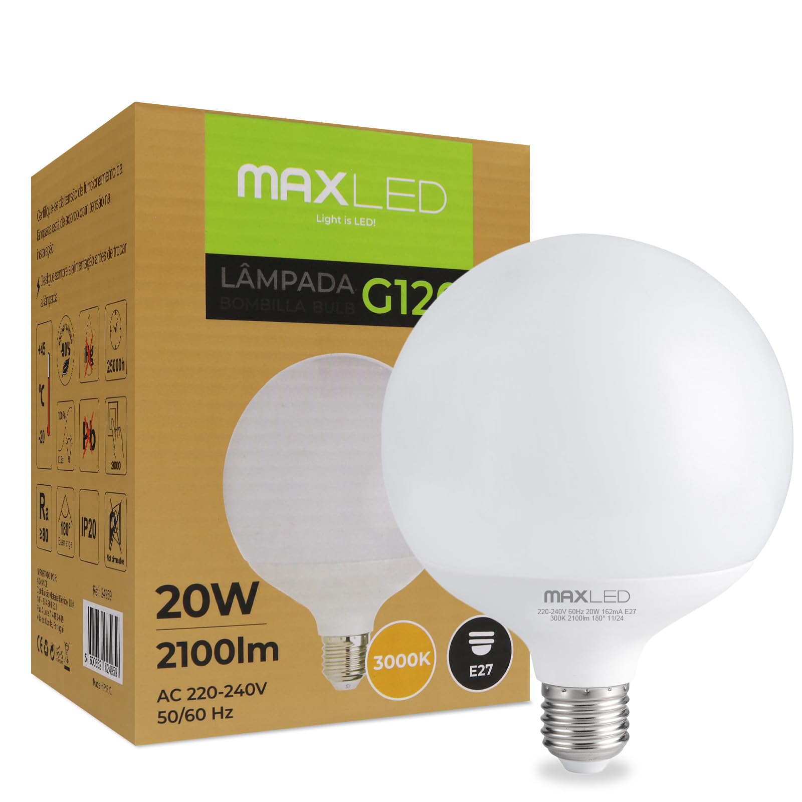 Maxled, Light is Led! Globe LED Lampe E27 G12 20W GlühbirneErsetzt Ersetzt 160 Watt Halogenlampe 3000K Warmweiß Kugel Lampen 2100lm Nicht Dimmbar 180° Abstrahlwinkel AC230V Ø120 x 158mm