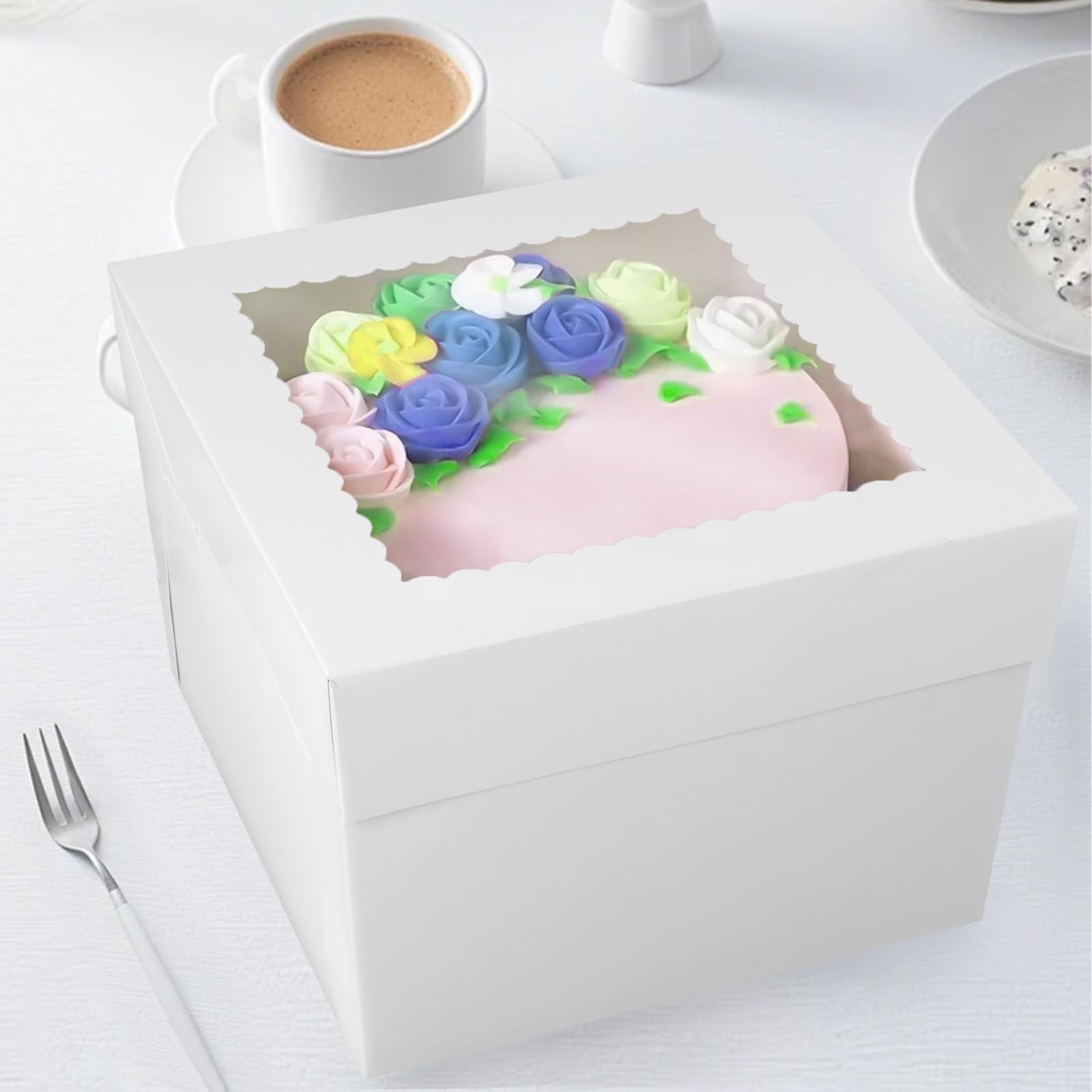 MOUYAT 40 cajas para tartas de 10 pulgadas con tablas para tartas, caja de pastel de 10 pulgadas con ventana, cajas de pastel de panadería para bodas, cumpleaños, fiestas, color blanco