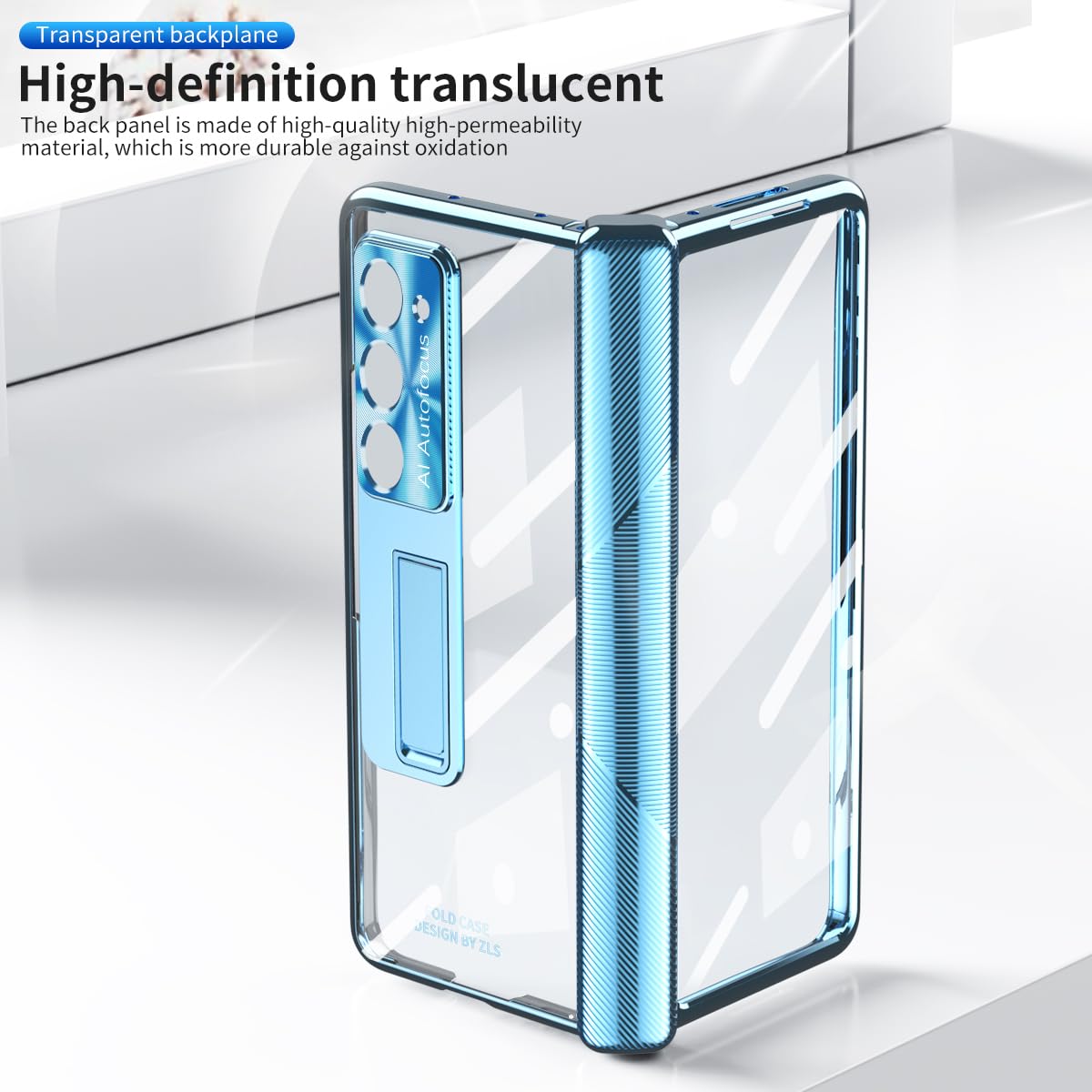 PUROOM for Samsung Galaxy Z Fold 5 Hinge Coverage Protective Case Transparent Plating PC with Pen Holder Kickstand Screen Protector All-Inclusive Case (z fold 5, Blue)