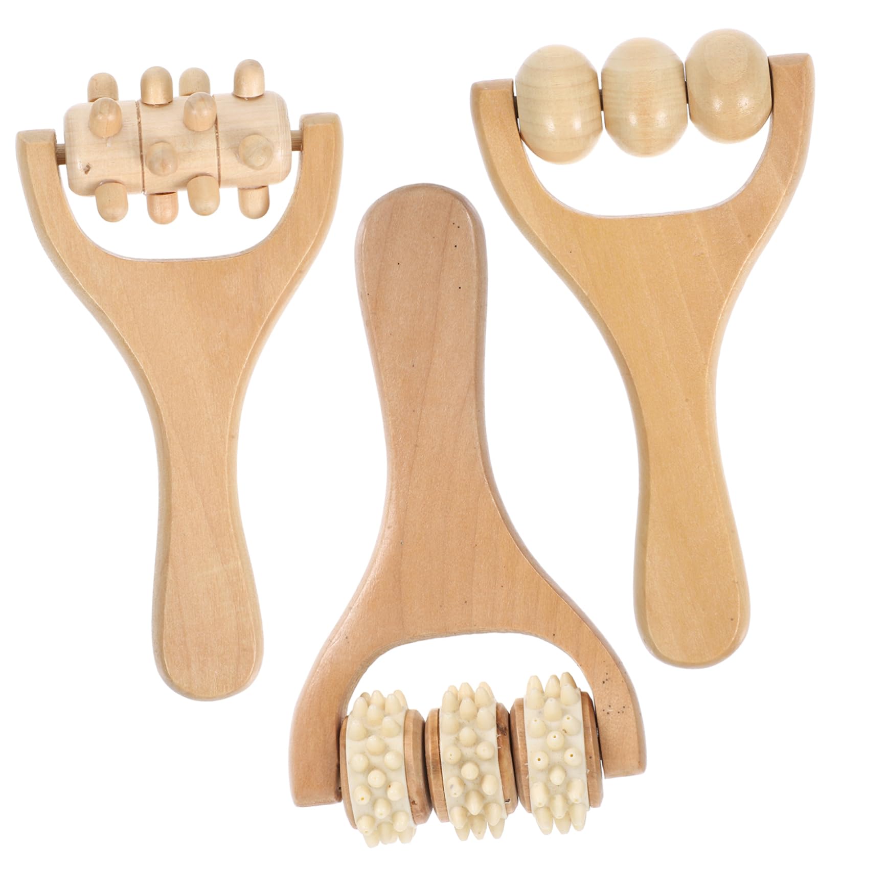 FOMIYES Ergonomic Hand Massager Roller 3 Piece Set for Full Body Massage Natural Wood Soreness Relief Portable for Neck Shoulder Leg