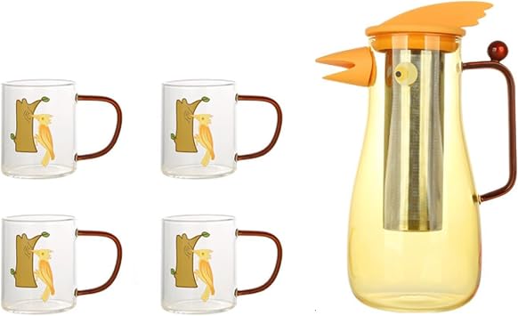 Creative Household Glass Cold Water Kettle, Cute Animal Shaped Glass Cup-Woodpecker 1 pot 4 cups