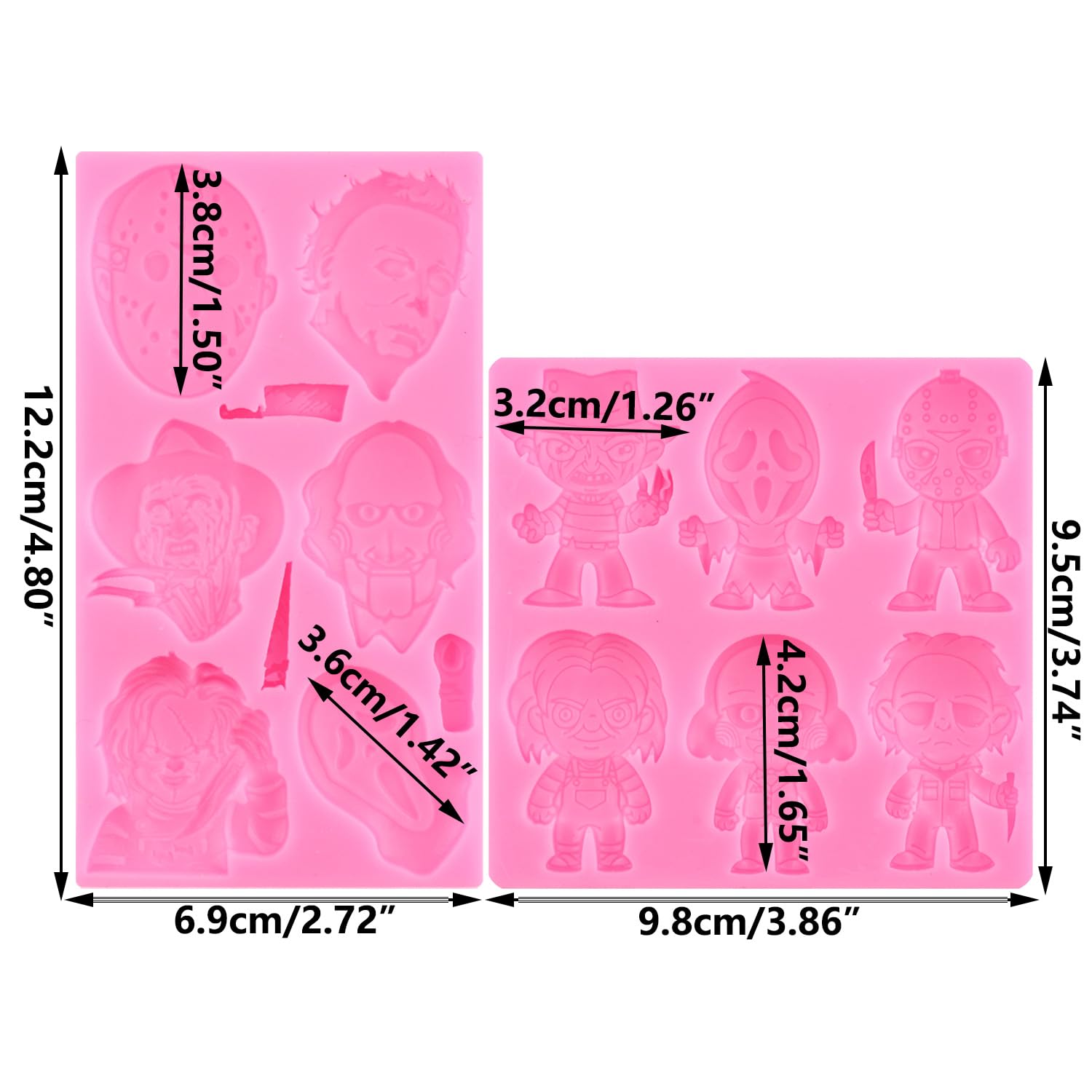 RFGHAC Set di 2 stampi in silicone a forma di personaggi horror, personaggi del film spaventoso, per Halloween, decorazione di torte di zucchero, cupcake, pasta di gomma, caramelle, argilla polimerica
