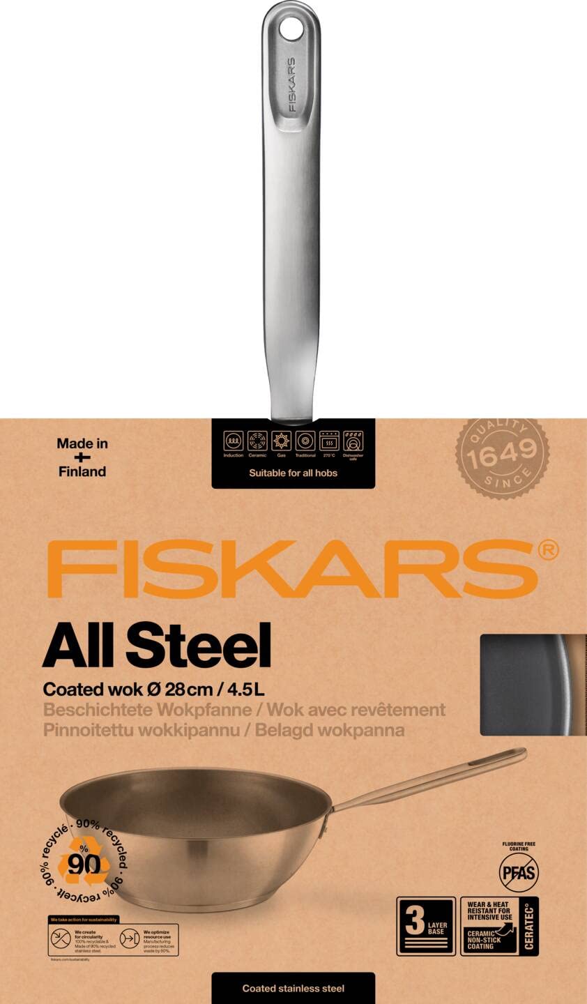 Fiskars Padella Wok, Ø 28 cm / 4,5 L, Padella Rivestita, Adatta per Tutti i Piani Cottura, Acciaio Inox Riciclato, All Steel, Argento, 1064747