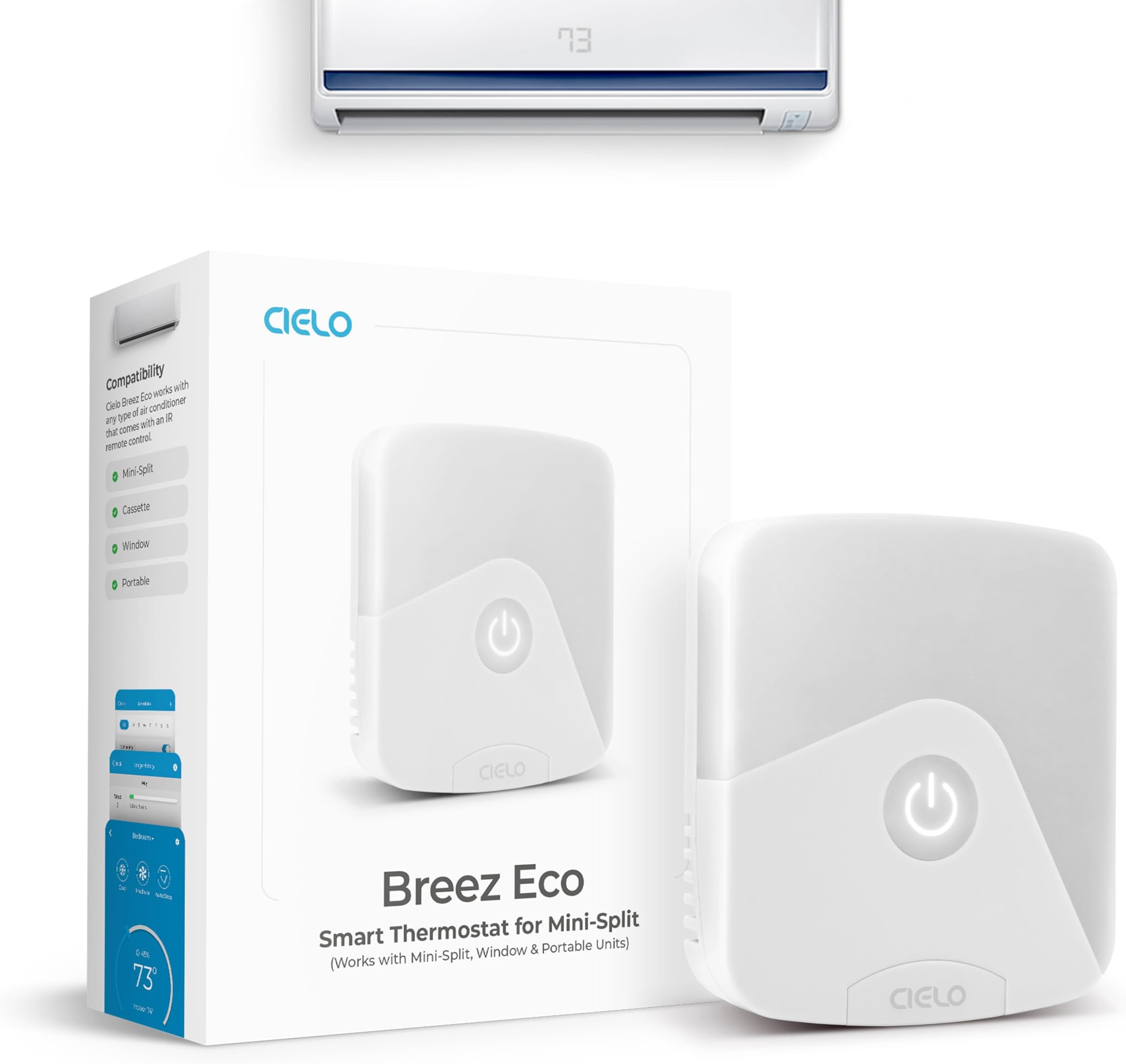 Breez Eco | Smart AC Controller for Mini Split, Window, Portable ACS | WiFi, Alexa, Google, Siri Shortcuts, SmartThings, IFTTT, Free App, NO Subscriptions | Schedules, Geofencing, Comfy (White)