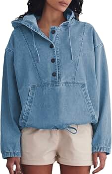 Aomice Women's Denim Hoodie Half Button Down Pullover Jacket