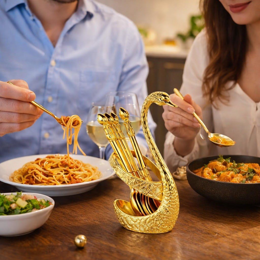 LAILAI Swan Shape Cutlery Holder Set with 6 Stainless Steel Spoons