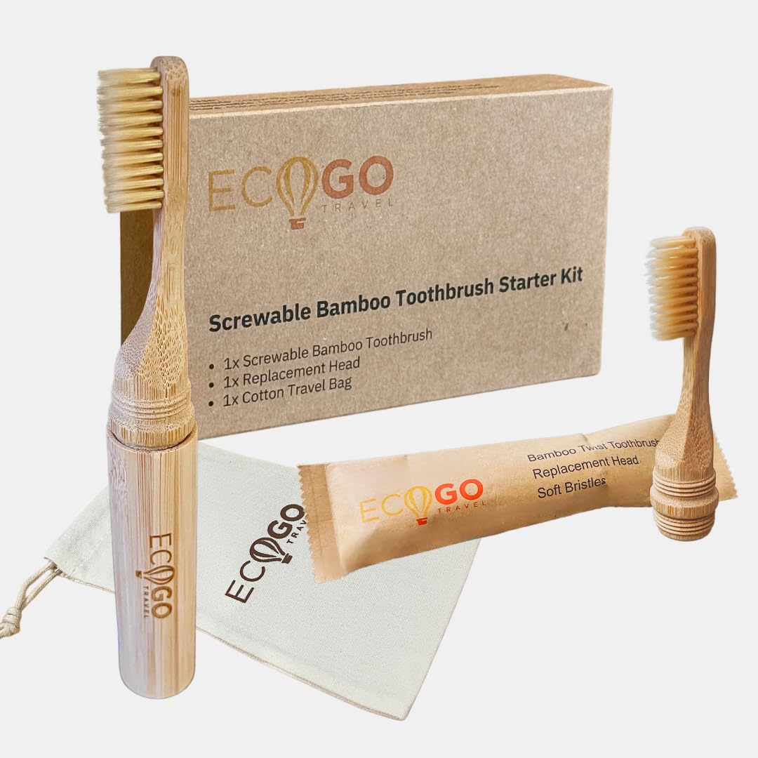 EcoGoTravel Screwable Bamboo Toothbrush Kit – Travel Toothbrush with Replacement Head & Cotton Storage Bag – Eco-Friendly, Compact, and Perfect for