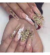 LANOVA Baroque Gold Goddess Nude Pink False Nails,Goth Cross Design Sumptuous Rhinestone Long Cof...