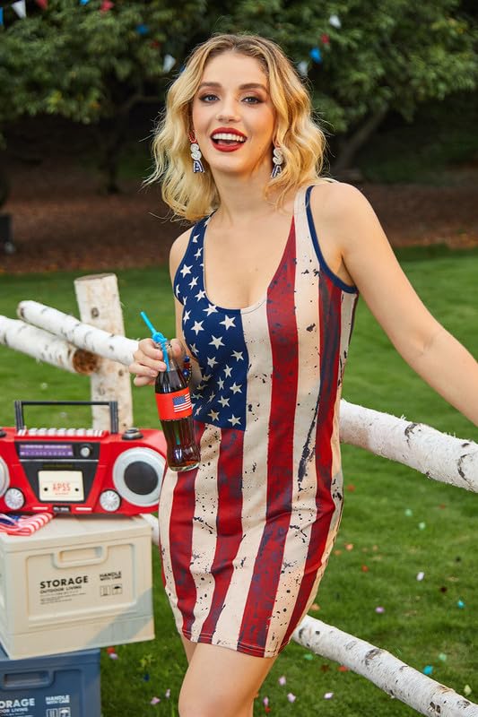 Image of For G and PL Women 4th of July American Flag Tank Dress Deep V Neck Stars Stripe Mini Patriotic Sleeveless Sundress