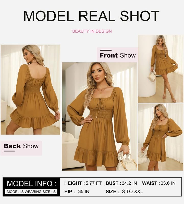 Dokotoo Womens Dresses Fashion 2026 Long Puff Sleeve Elastic Waist A-Line Casual Mini Beach Dress - Image 3