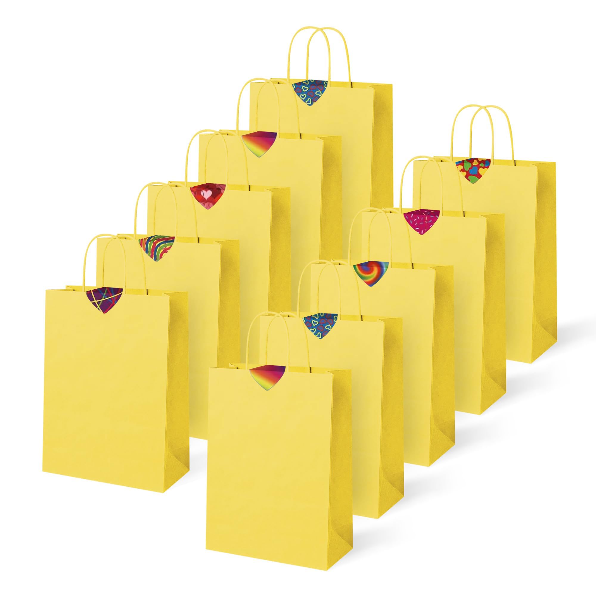 Thepaperbagstore 40 Yellow Small Twist Handle Paper Bags + 40 Heart Stickers, Kids Party, Gift, Craft and Sweet Bags – 180x220x80mm