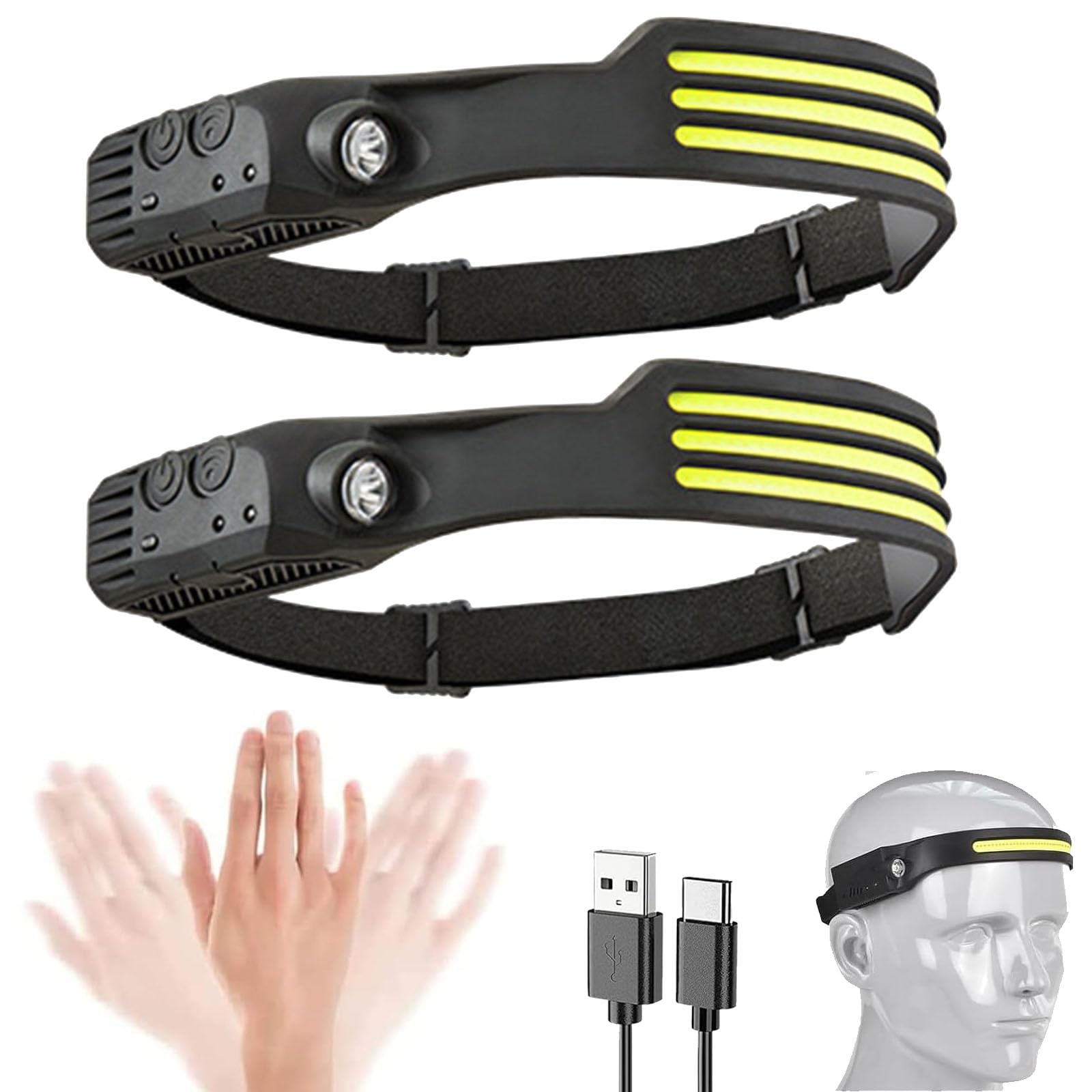 Tasber 3 Front Led Lichtleiste Head Torch, Luxelight Led Headtorch Rechargeable, Lumilight Head Torch 230° Wide Beam Headtorch, Rechargeable Waterproof Lightweight Headlamp For Running, Camping, Hunting (2, )