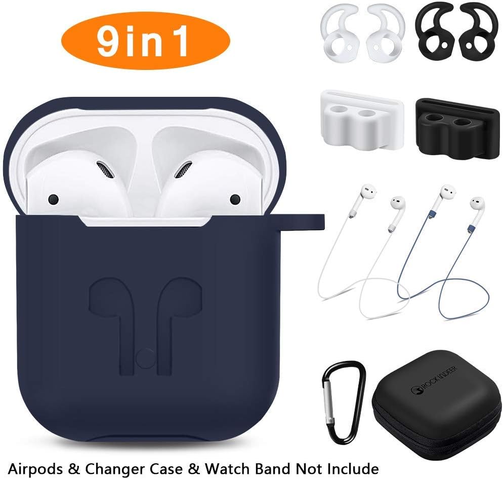 AirPods Case, Rockindeer 9 in 1 AirPods Accessories Set Protective Silicone Cover and Skin Compatible Apple AirPods Charging Case with Watch Band Holder/Ear Hook/Keychain/Strap/Carrying Box(Deep Blue)