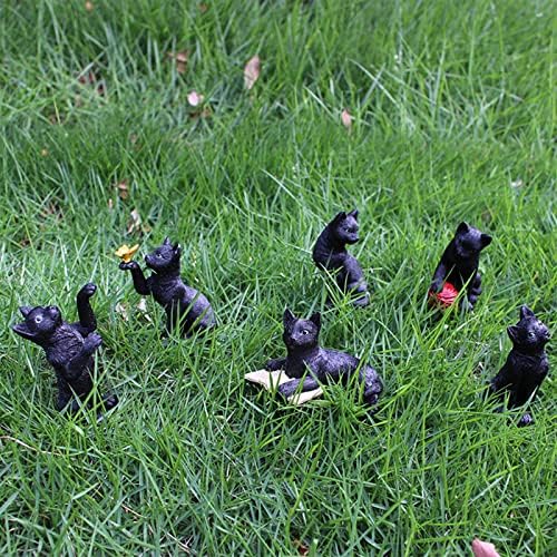 Leutsin Small Miniature Garden Figurines 6PC, Cute Animals Mini Micro Scenery Flower Pot Stake, Miniature Fairy Garden Accessories, Fairy Garden Miniatures for Courtyard Meadow Decoration (Black cat)