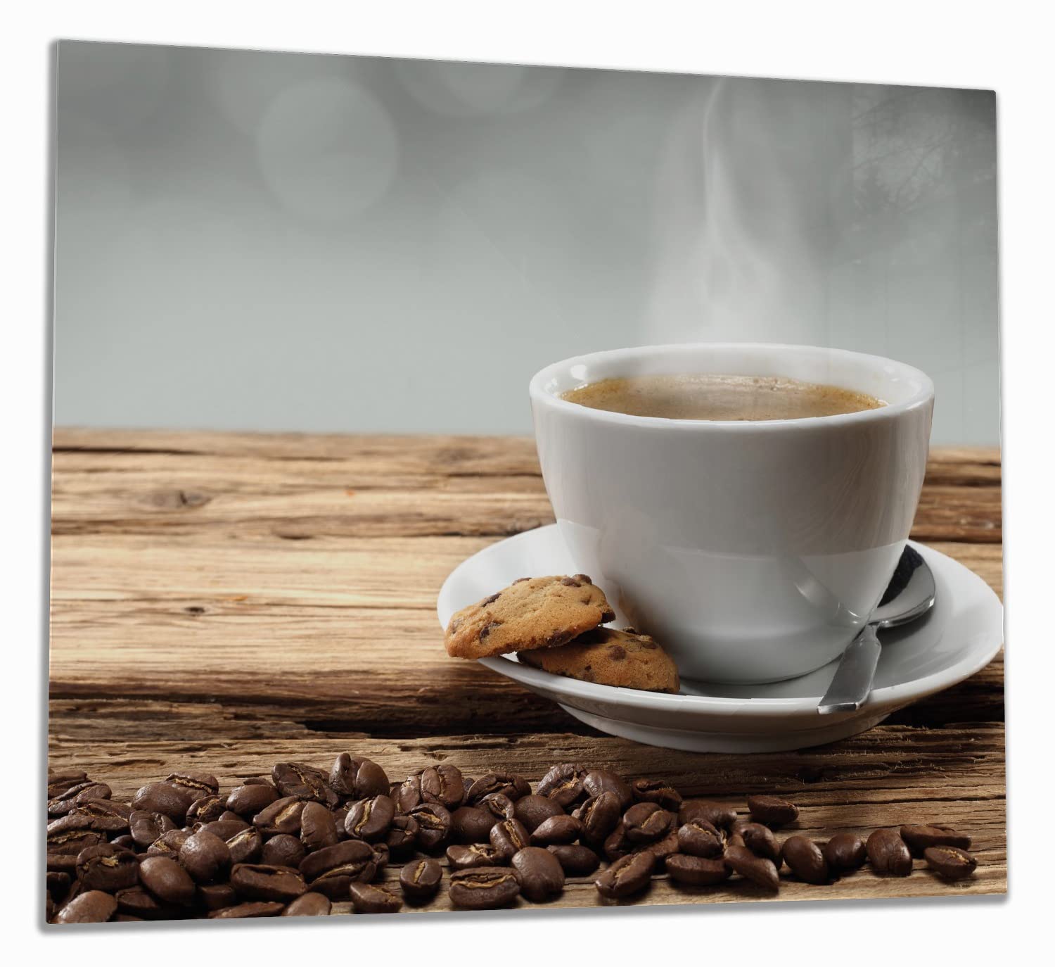 Wallario Herdabdeckplatte/Spritzschutz aus Glas, 1-teilig, 60x52cm mit 13mm hohen Füßen, für Ceran- und Induktionsherde, Heiße Tasse Kaffee mit Kaffeebohnen