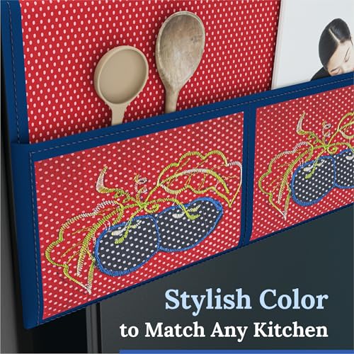 Image of Kuber Industries Cotton Fridge Top Cover | Washable & Anti-Dust Refrigerator Top Cover with 6 Utility Pockets for Kitchen | Polka Dot - Red
