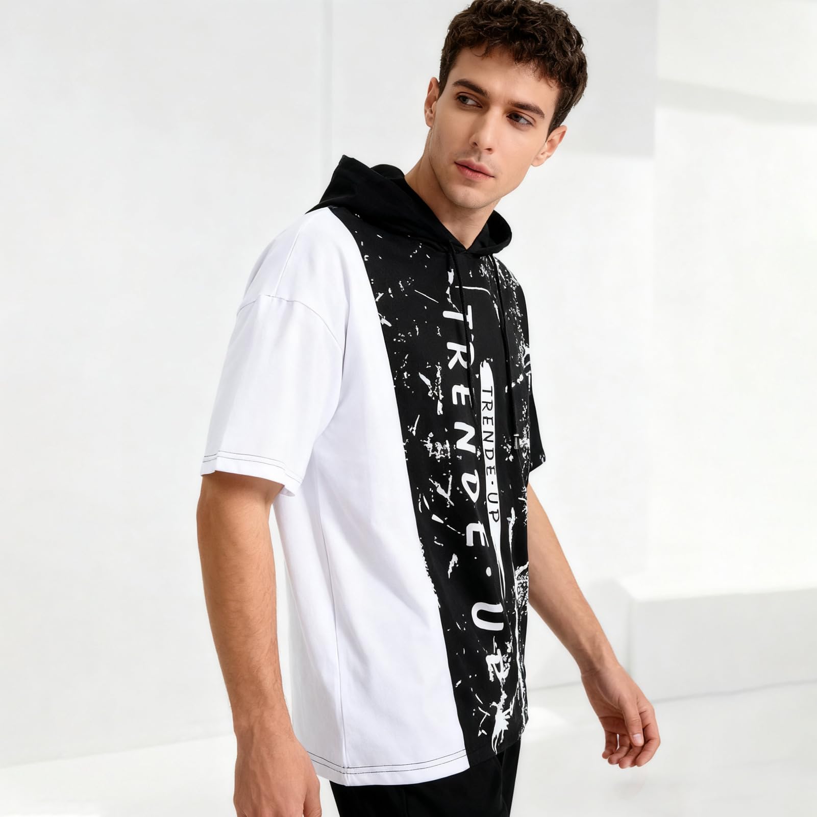 Kurzarm Hoodie Herren Baumwolle Tshirt mit Kapuze Kapuzenshirt Kapuzenpulli Sommer Pullover