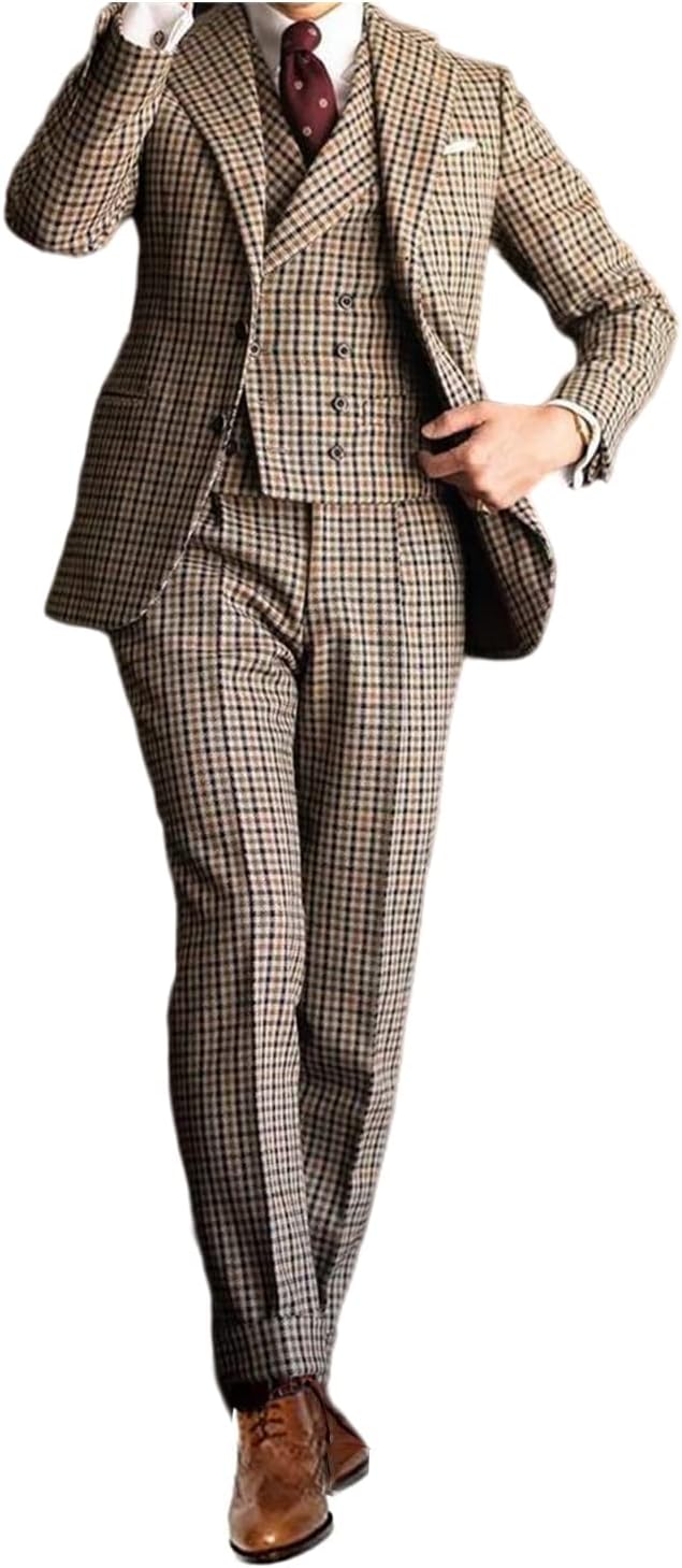 Ulnomio Men's Houndstooth 3-Piece Tuxedos Notch Lapel Formal Dinner Two Buttons Suit
