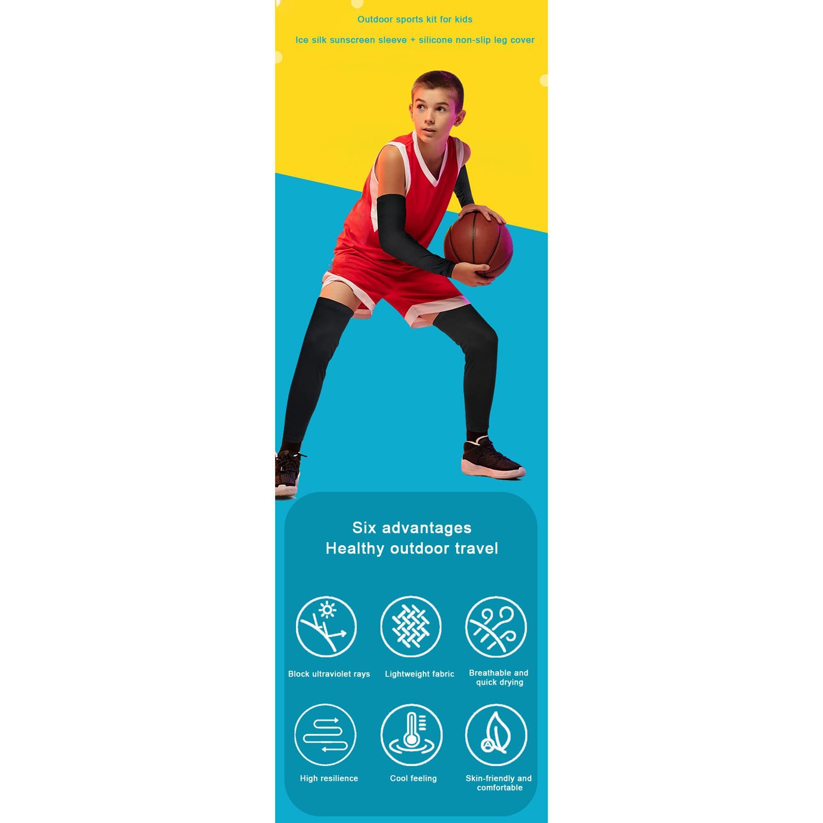 Valcatch 4 Pares de Manga de Tiro de Baloncesto para niño y niña, protección Solar UV, Mangas de Brazo de enfriamiento y Manga de compresión de Pierna para fútbol, Voleibol, Deporte al Aire Libre