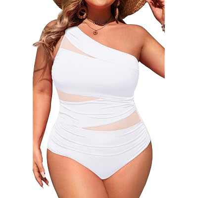 Aqua Eve Plus Size One Piece Swimsuit for Women Tummy Control Bathing Suits One Shoulder Swimwear