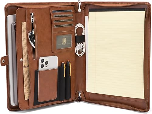 Miniatura 2 de Cartera de cuero vegano con soporte para bloc de notas de 8.5 x 11 pulgadas y bolsillo para laptop de 13.3 pulgadas, organizador de carpetas de