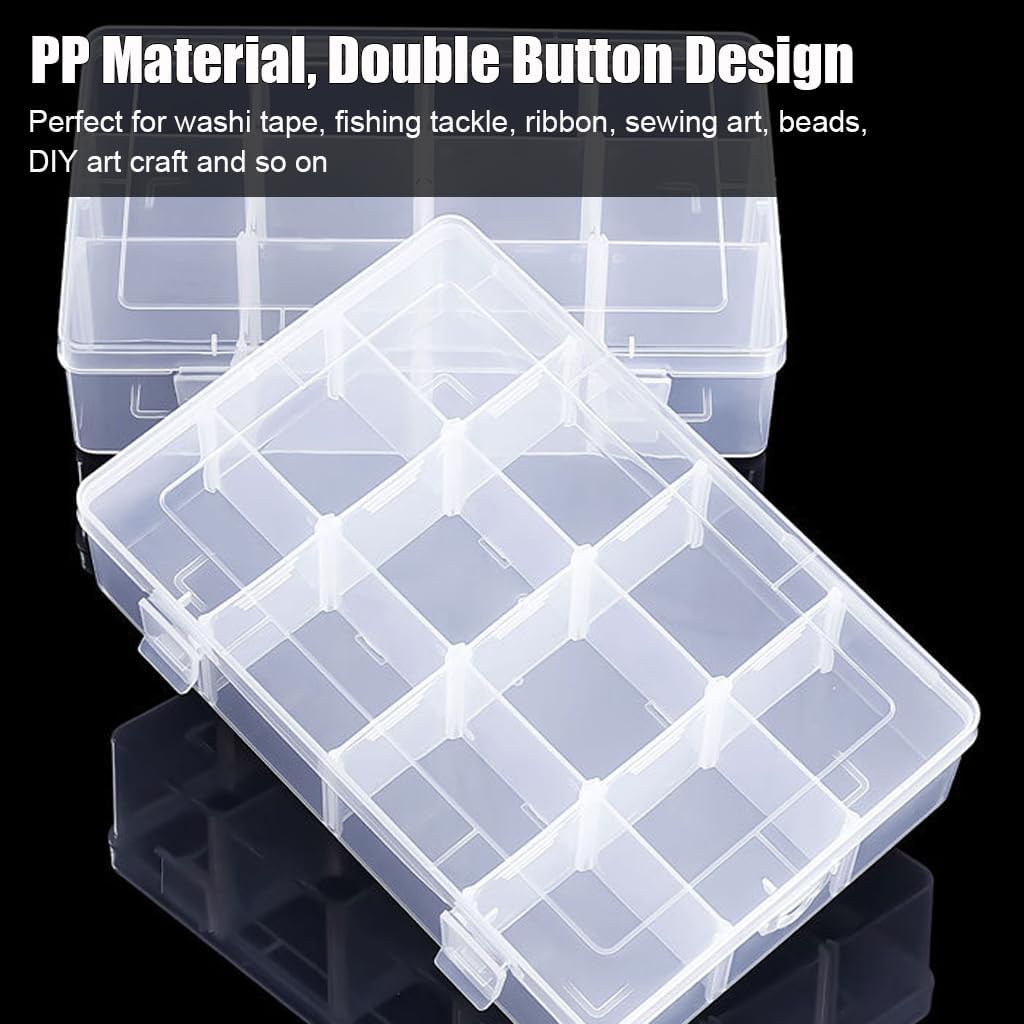 2 Pcs 12 Grids Clear Organizer Box Plastic Storage Container with Adjustable Dividers for Electronics Jewelry Beads Art DIY Crafts Fishing Small Parts