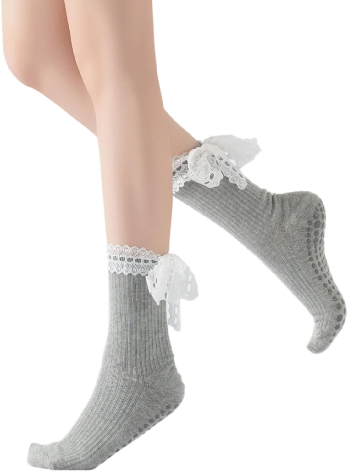 Verdancy Women’s Yoga Pilates Socks with Frills and Lace up Non Slip Cushioned Grips Crew Socks