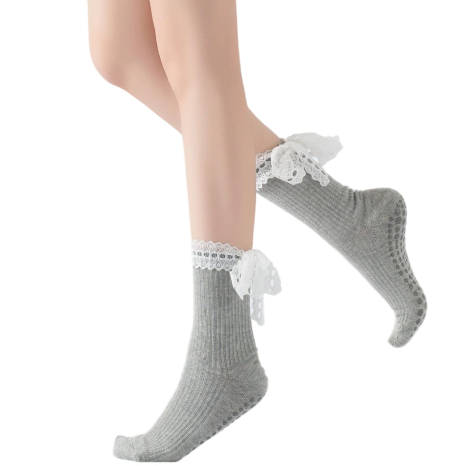Verdancy Women’s Yoga Pilates Socks with Frills and Lace up Non Slip Cushioned Grips Crew Socks: One Size Light Gray