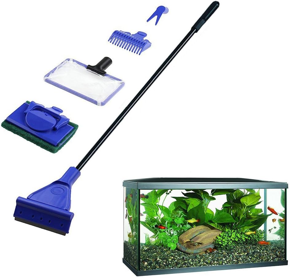 UPETTOOLS Aquarium Fish Tank Cleaning Kit Plastic Rod 5 in 1 Complete Clean Set Fish Net + Rake + Scraper + Fork + Sponge