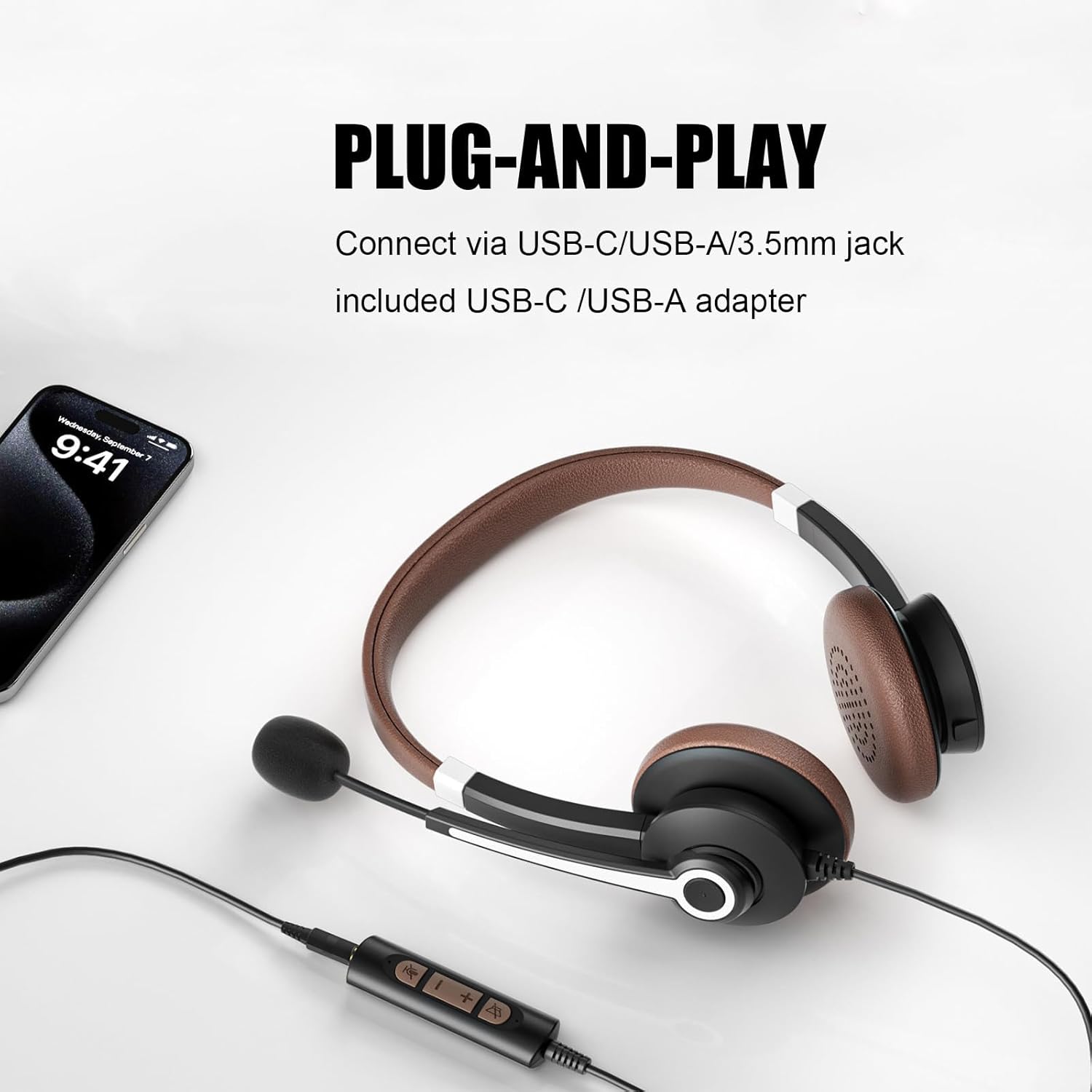 Arama USB Headset with Microphone for PC Computer Headset with Noise-Canceling Mic & in-Line Controls, Connects to PC/Cellphone/Tablet, via USB-A/USB-C/3.5mm Jack